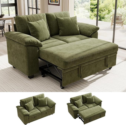 Ihanherry 61" Loveseat Sleeper Sofa, 2-in-1 Pull Out Couch Bed with 2 Pillows, Chenille Convertible Sofa Bed, Small Space Sleeper Couch for Living Room Apartment (Green)