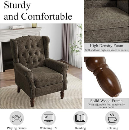 Pia Ricco High Back Floral Accent Chair - Retro Wingback Upholstered Armchair with Nailhead Trim, Solid Wood Legs, Fabric Living Room Bedroom Reading Chair (Taupe)