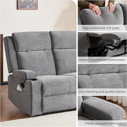 GUEAPY 55" Loveseat Reclining Sofa with Cup Holders – Manual Double Reclining Sofa for Aprtment & Small Spaces, Chenille Fabric Reclinig Couch with Wide Armrests & Side Storage for Livingroom