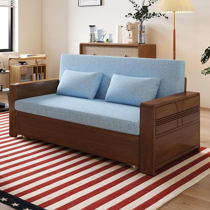 71" Queen Convertible Sofa Sleeper, 3-in-1 Sectional Sofa Bed with Reversible Chaise, Blue Cushions,Solid Wood Frame, Pull Out Couch for Living Room Apartment Bedroom Office