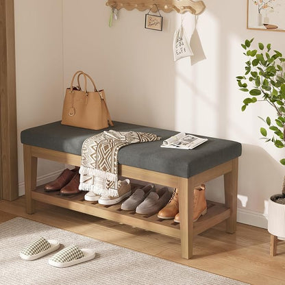 Apicizon 45" Shoe Rack Bench with Upholstered Cushion, Solid Rubberwood Entryway Shoe Bench, Modern Chenille Ottoman Bench with Storage for Hallway Bedroom Living Room Front Door Entrance, Dark Gray