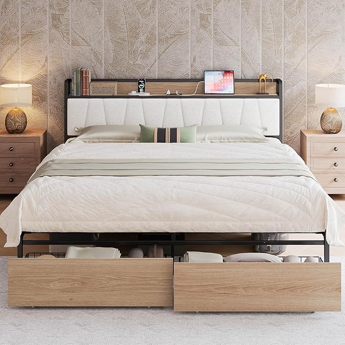 LIKIMIO King Size Bed Frame with 2 Drawers and Charging Station | Platform Bed with Upholstered Storage Headboard, No Box Spring Needed, Easy Assembly, Sturdy, Wood and Cream