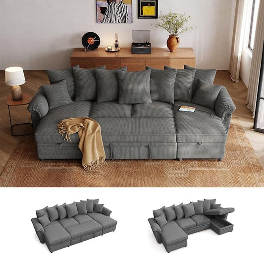 LINSY HOME Oversized Sectional Sleeper Sofa with Pull Out Couch Bed (Gray, 118.5'') | USB Charging