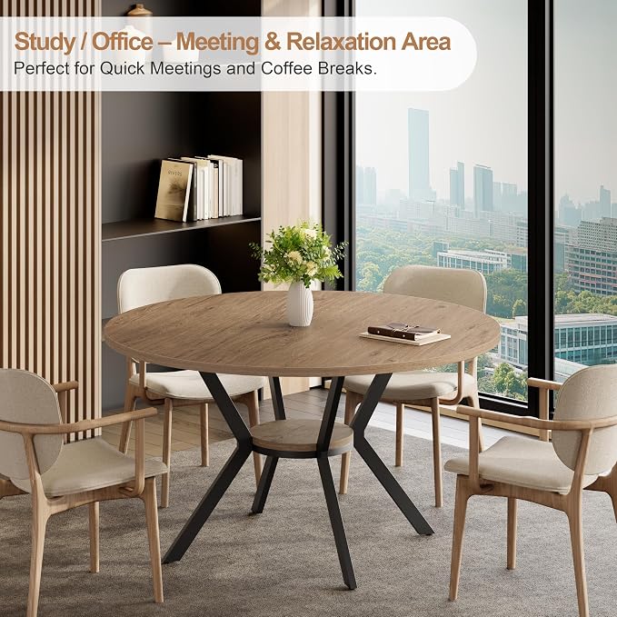 MECHYIN 42" Round Dining Table for 2-4, Farmhouse Kitchen Table with Storage, Space Saving Circle Dinner Table, Rustic Light Wood Kitchen & Dining Room Tables with Metal Legs for Kitchen, Dining Room