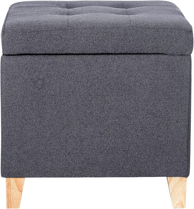 Adeco Storage Ottoman Bench with Solid Wood Legs, Dark Grey Cotton Linen Upholstered Tufted Footstool, Hinged Lid Cube for Living Room, Bedroom, Entryway, 17.7" Square
