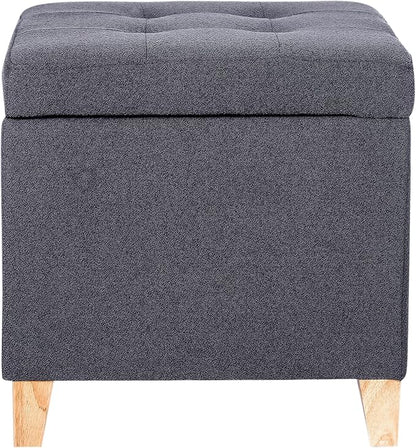 Adeco Storage Ottoman Bench with Solid Wood Legs, Dark Grey Cotton Linen Upholstered Tufted Footstool, Hinged Lid Cube for Living Room, Bedroom, Entryway, 17.7" Square