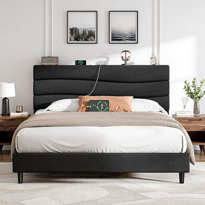 EnHomee Queen Size Bed Frame with Adjustable Height Headboard Upholstered Platform Bed Queen with Charging Stations,No Box Spring Needed,Easy Assembly,Noise-Free,Black