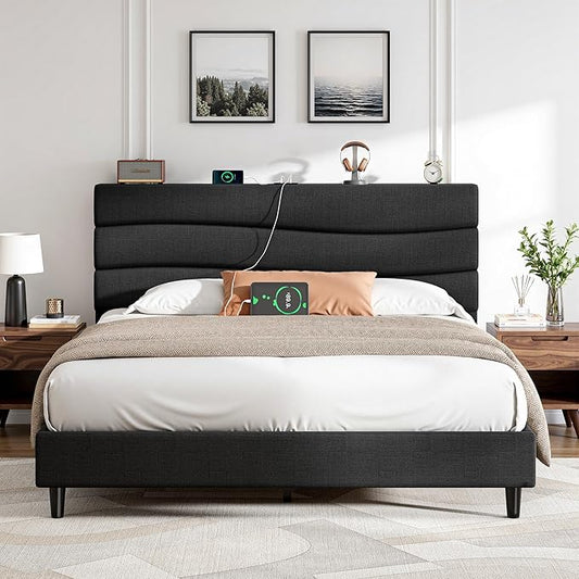 EnHomee Queen Size Bed Frame with Adjustable Height Headboard Upholstered Platform Bed Queen with Charging Stations,No Box Spring Needed,Easy Assembly,Noise-Free,Black