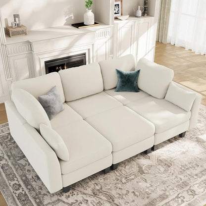 Sectional Sleeper Sofa, 6 Seaters Modular Sleeper Sofa Couch, Comfy Sectionals Couches Bed, Convertible Sofas with Ottomans, Modular Sectional Couches for Living Room, Beige
