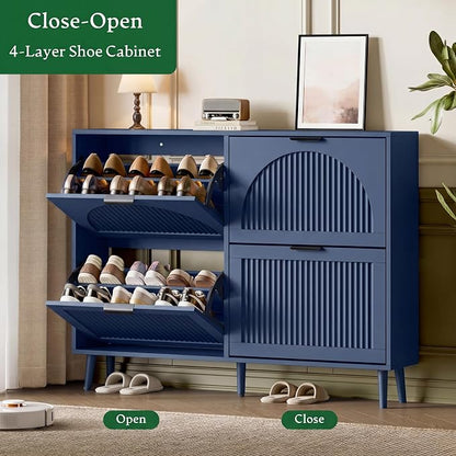 Xixini Shoe Storage Cabinet with 4 Flip Drawers, 36" Freestanding Wood Fluted Shoe Organizer for Entryway, Tall Narrow Wooden Hidden Slim Shoe Rack for Front Door Entrance, Hallway, Foyer, Navy Blue