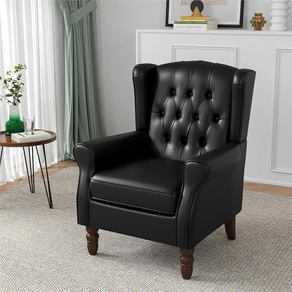 High Back Accent Chair, Faux Leather High Wingback Chair for Living Room, Button-Tufted Upholstered Armchair with Solid Wood Legs, Comfy Single Sofa Reading Chair for Bedroom, Black