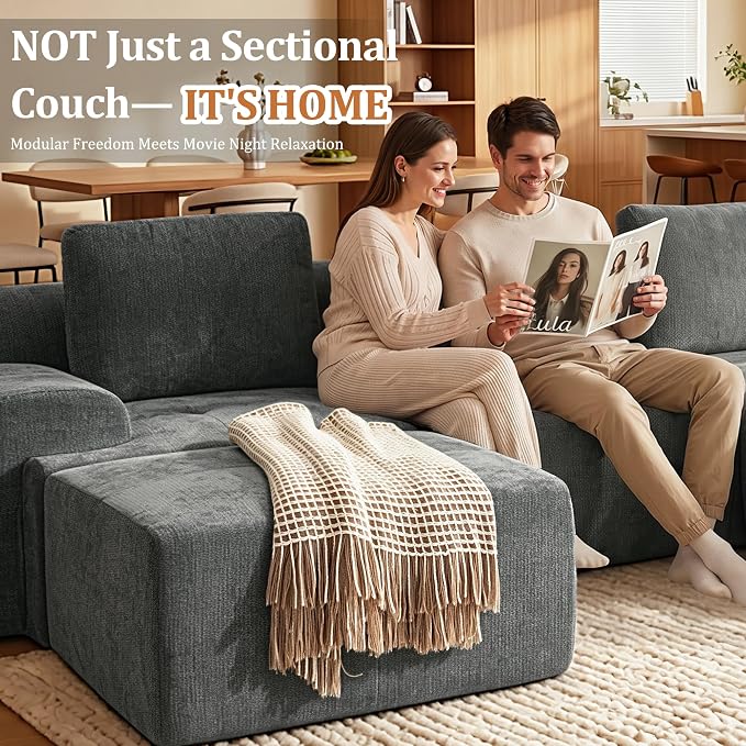 122" L Shaped Oversized Boneless Couch, Comfort Cloud Sectional Couches for Living Room, Modular Sofa High Back & Extra Deep Seat, No Assembly, Soft Chenille (Dark Grey, 122 inch-L shaped（3+1）)