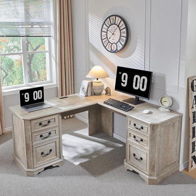 T4TREAM 59" Executive L Shaped Desk with Drawers,Farmhouse Wood Computer Corner Desk, Featuring Charging Station,File Drawer, Storage Cabinet,for Home Office Work and Study (Light Rustic Oak)