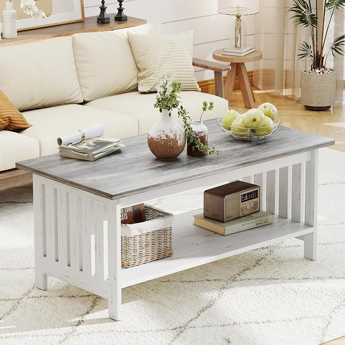 YOSHOOT 39.4" Farmhouse Coffee Table, Small Coffee Tables for Living Room | Grey, 2 Tier Coffee Table with Storage, Tea Table for Living Room Bedroom Small Space