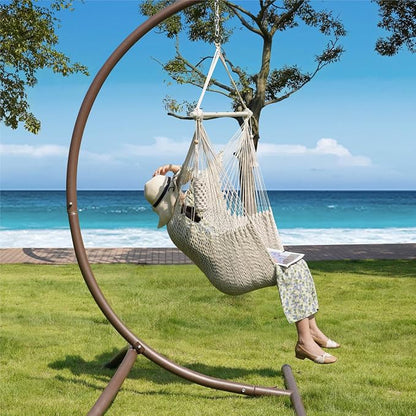 Lazy Daze Hammocks Chair Caribbean Hanging Rope Swing Chair, 40" Removable Steel Spreader Bar with Anti-Slip Rings, Soft-Spun Cotton Rope for Indoor/Outdoor Backyard & Living Room, Max 500 LBS, Beige