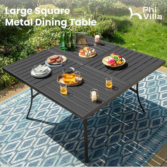 PHI VILLA Outdoor Dining Set for 8, Swivel Mesh Chairs & Square Table, Blue | Textilene chairs and large 57.5'' metal table with umbrella hole. All-weather patio furniture set designed for patio, deck