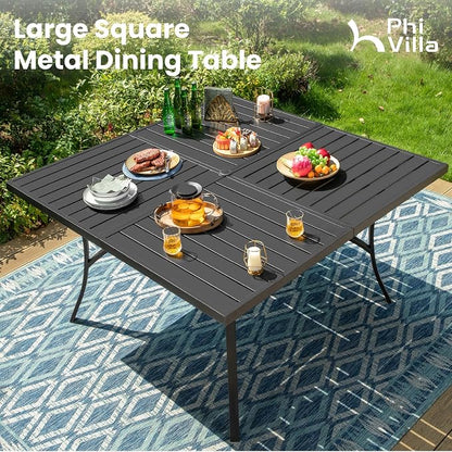 PHI VILLA Outdoor Dining Set for 8, Swivel Mesh Chairs & Square Table, Blue | Textilene chairs and large 57.5'' metal table with umbrella hole. All-weather patio furniture set designed for patio, deck