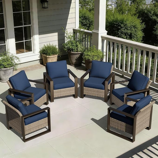 Joyside Outdoor Patio Chairs Set, 6 Pieces Wicker Rattan Chairs with Metal Wide Armrest, Thick Cushions and Deep Seating for Garden, Backyard, Porch, Deck