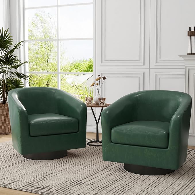360° Swivel Barrel Accent Chair Armchair, PU Leather Round Club Arm Chair for Lving Room, Modern Upholstered Small Bedroom Single Sofa Seat - Green, Set of 4