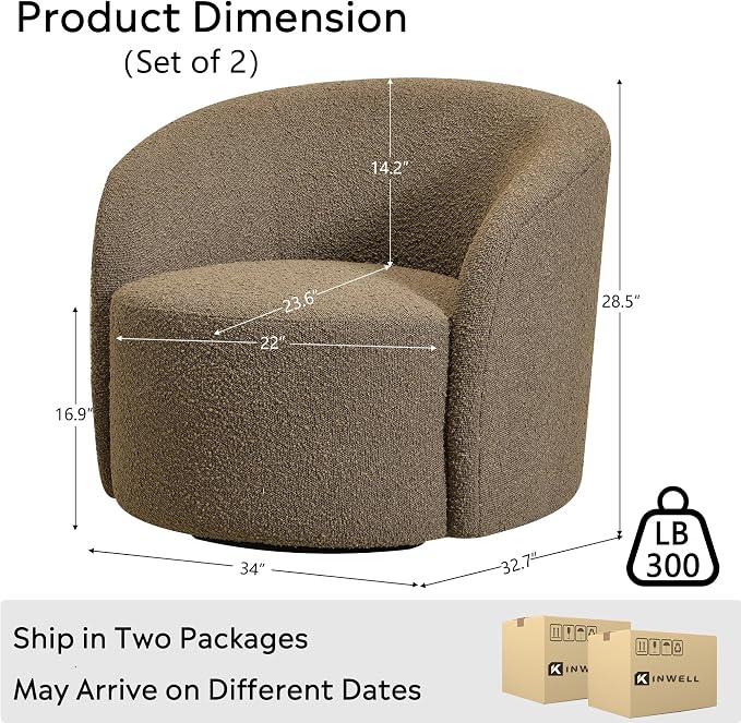 KINWELL 68" Boucle Upholstered Loveseat Sofa with Set of 2 Swivel Barrel Accent Chairs, Minimalist Comfy 2-Seater Couch and 2 Sherpa Armchairs for Small Spaces Apartment, Teddy Brown
