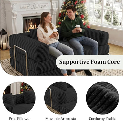 BSHOMGI 59 Inch Convertible Sofa Bed, 4-in-1 Futon Sofa Bed Pull Out Sleeper Couch, Modular Couches Bed for Living Room, Corduroy Boneless Loveseat for Bedroom, Apartment, No Assembly, Black, 2 Seat