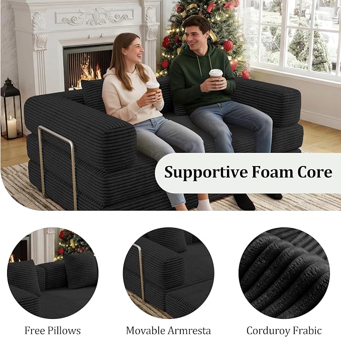 BSHOMGI Convertible Sofas Boneless Couches with 2 Pillow, Modern Corduroy Futon Bed, Modular Queen Sofa with Pull-Out Bed, LoveSeat for Living Room, Small Space Apartment BlackDouble Sofa