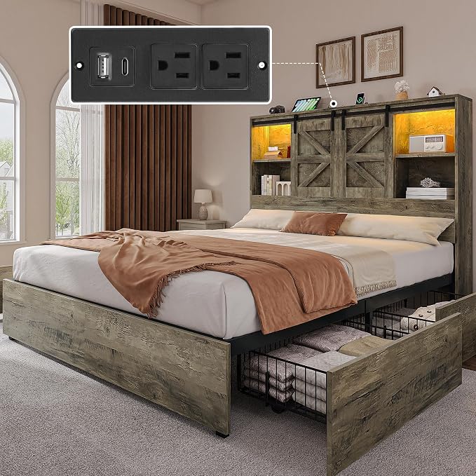 YITAHOME Farmhouse Queen Size Bed with 50" Tall Storage Bookcase Headboard, Sliding Barn Door, 4 Storage Drawers, RGB LED Bed Frame w/Type-C&USB Charging Station, No Box Spring Needed, Antique Grey