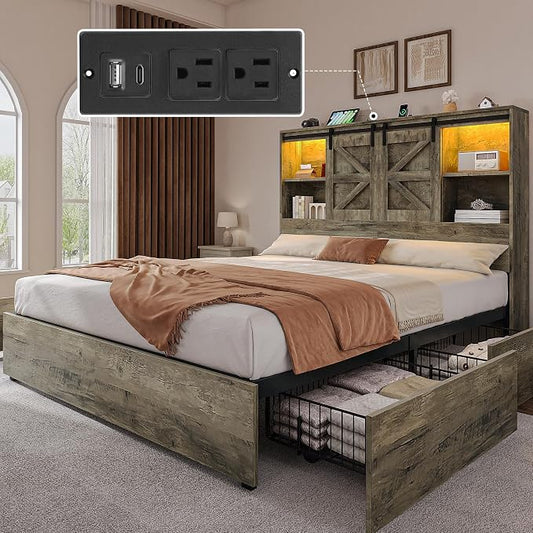 YITAHOME Farmhouse Queen Size Bed with 50" Tall Storage Bookcase Headboard, Sliding Barn Door, 4 Storage Drawers, RGB LED Bed Frame w/Type-C&USB Charging Station, No Box Spring Needed, Antique Grey