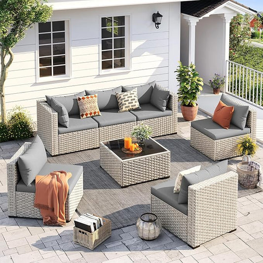 UDPATIO Outdoor Patio Furniture Set, 7 Pcs PE Wicker Sectional Sofa with Tea Table, Outdoor Conversation Set for Patio, Garden, Backyard (Grey Cushions with Light Grey Rattan)