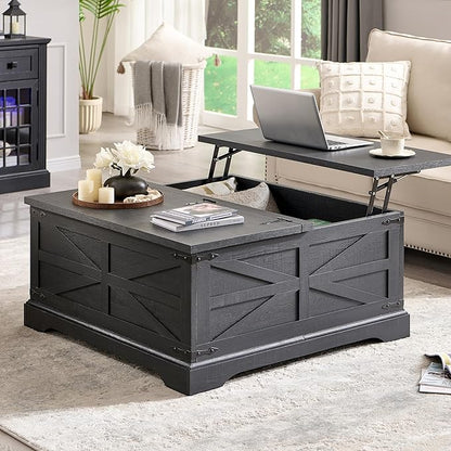 JXQTLINGMU Farmhouse Lift Top Coffee Table with Large Storage, 36" Square Wood Living Room Table with Hidden Compartment, Lift Tabletop Dining Table for Home, Black
