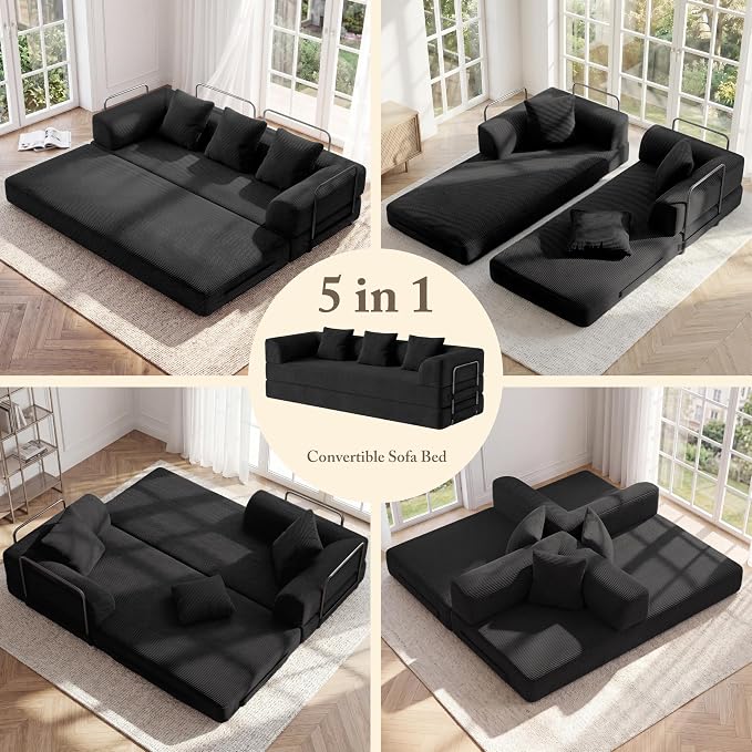 Living&Giving 89" Cloud Boneless Convertible Sofa Bed, 5-in-1 Foldable Compressed High-Density Sponge Sofa, Corduroy Fabric 3 Seater Sleeper Couch Futon Daybed for Living Room Bedroom (Black)