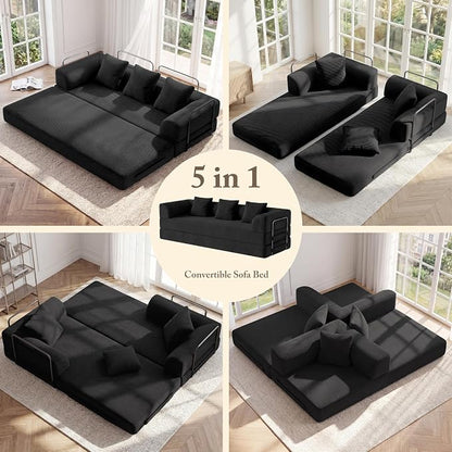Living&Giving 89" Cloud Boneless Convertible Sofa Bed, 5-in-1 Foldable Compressed High-Density Sponge Sofa, Corduroy Fabric 3 Seater Sleeper Couch Futon Daybed for Living Room Bedroom (Black)