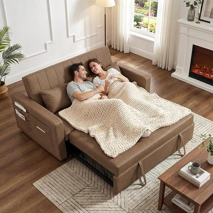 55'' Leather Sofa Bed, Pull Out Sleeper Sofa Couch Bed, Loveseat Sleeper, Futon Sofa Couch with Side Pocket, Convertible Sofa Bed for Living Room, Apartment, Bedroom, RV, Brown