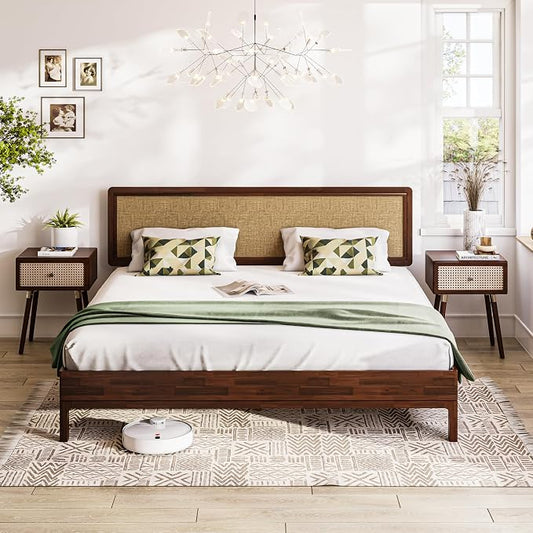 Bme Nipe King 14 Inch Bohemian Bed Frame with Adjustable Wicker Headboard - Rustic & Vintage Style with Acacia Wood - No Box Spring Needed - Easy Assembly - Walnut