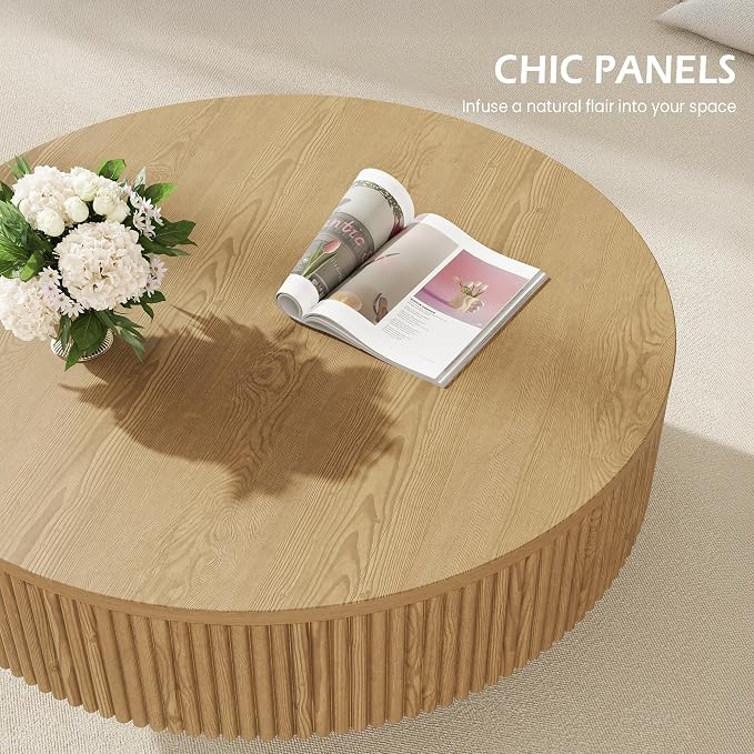 YOUDENOVA 31.5” Round Fluted Coffee Table, Modern Wood Circle Coffee Table, Veneer Handcrafted Relief Tea Table with Sturdy Pedestal for Living Room - Natural