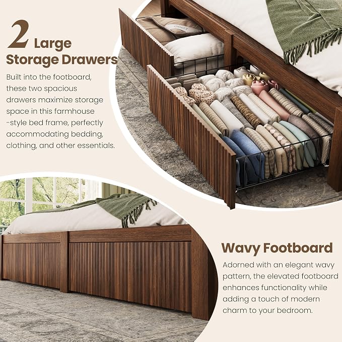 CypBed Full Size Bed Frame with Headboard and Storage Drawer, Full Bed Frame with LED Light and Charging Port, Farmhouse Wavy Design, Wood & Metal Platform, Noise-Free, No Box Spring Needed, Walnut