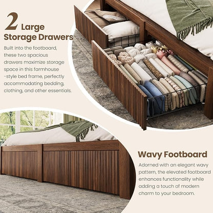 CypBed Full Size Bed Frame with Headboard and Storage Drawer, Full Bed Frame with LED Light and Charging Port, Farmhouse Wavy Design, Wood & Metal Platform, Noise-Free, No Box Spring Needed, Walnut