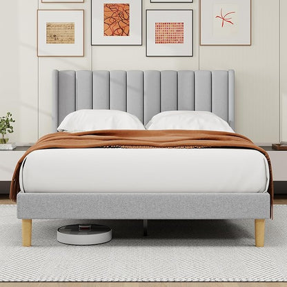 alazyhome Platform Bed Frame Queen Size with Upholstered Headboard, Solid Wood Slats Support, No Box Spring Needed, Noise Free, Easy Assembly, Modern Fabric Bed, Light Grey