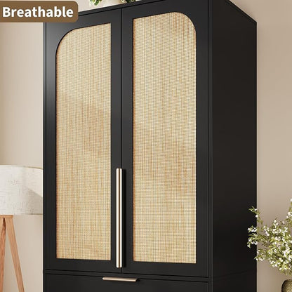 Garvee 70" Wardrobe Armoire Wooden Closet with 2 Doors and 3 Drawers, Bedroom Armoire with Hanging Rod Shelf, Large Capacity Storage Wardrobe Armoire, Freestanding Wooden Closet Storage Cabinet