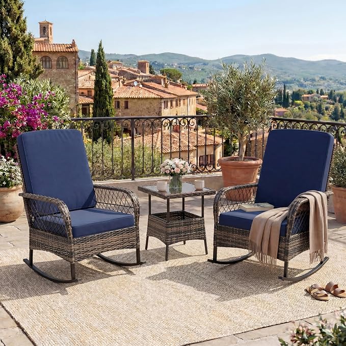 Garvee 3 pcs Outdoor Rocking Bistro Set, Wicker Rocking Bistro Set with Thick Cushions, Outdoor Rocker Chairs and Coffee Table for Porch, Backyard or Garden (Brown&Blue)