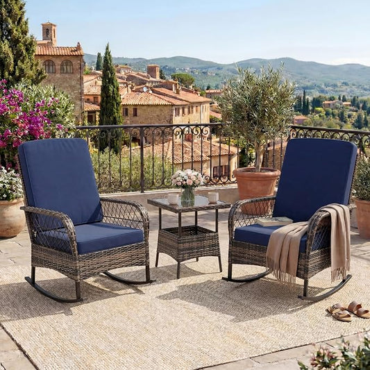 Garvee 3 pcs Outdoor Rocking Bistro Set, Wicker Rocking Bistro Set with Thick Cushions, Outdoor Rocker Chairs and Coffee Table for Porch, Backyard or Garden (Brown&Blue)