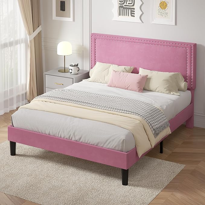 VECELO Queen Size Platform Bed Frame with Height Adjustable Upholstered Headboard, Modern Mattress Foundation,Strong Wood Slat Support, No Box Spring Needed, Easy Assembly,Pink
