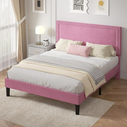 VECELO Queen Size Platform Bed Frame with Height Adjustable Upholstered Headboard, Modern Mattress Foundation,Strong Wood Slat Support, No Box Spring Needed, Easy Assembly,Pink