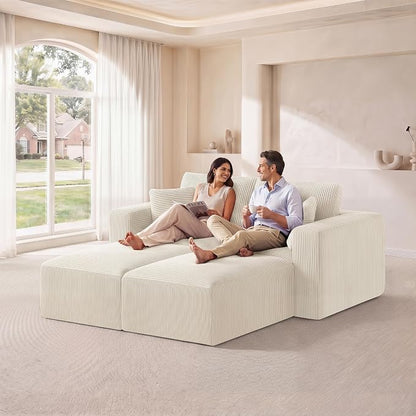 Modular Sectional Sofa Bed with Ottoman, 79" Memory Foam Cloud Couch, Boneless Loveseat Corduroy Upholstered Floor Couch, No Assembly Required Living Room Furniture for Apartment Bedroom, Beige