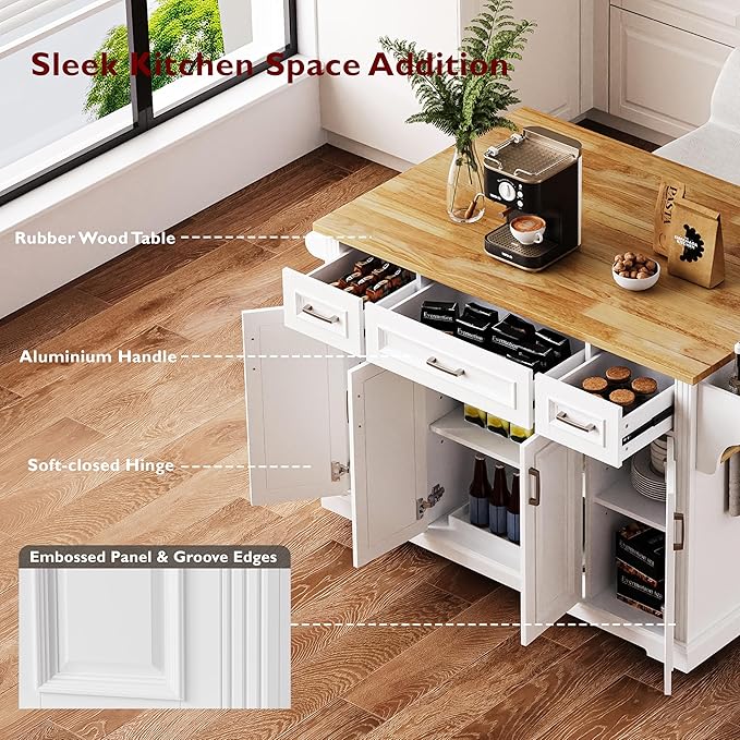 Large Kitchen Island with Rubber Wood Drop Leaf, Rolling Kitchen Cart with Ample Storage on Wheels with Doors and Drawers, Embossed Texture for Dining Room (54Inch, White, Silver Handle)