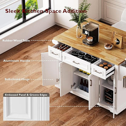 Large Kitchen Island with Rubber Wood Drop Leaf, Rolling Kitchen Cart with Ample Storage on Wheels with Doors and Drawers, Embossed Texture for Dining Room (54Inch, White, Silver Handle)