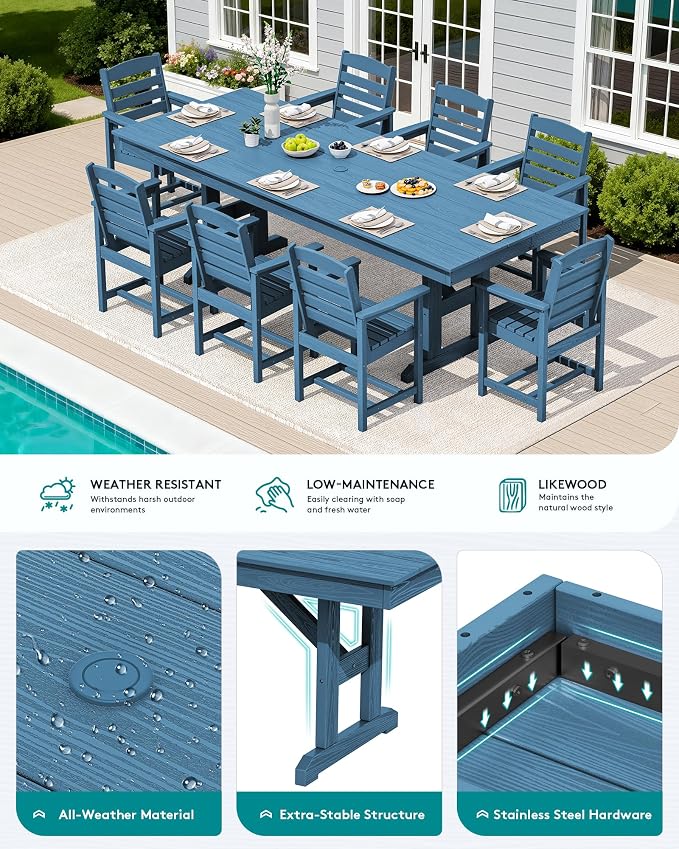 SERWALL 10 Piece 84" HDPE Outdoor Dining Set for 8 with 15ft Double-Sided Umbrella, Blue