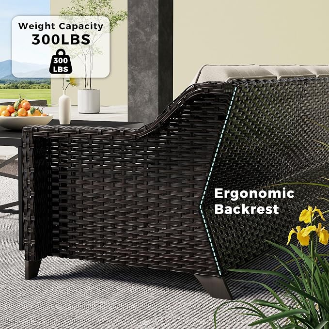 77'' Patio Sofa, All Weather Outdoor Rattan Wicker 3-Seat Sofa High Back Couch with Premium Cushions for Garden Backyard Porch(Brown/Beige)