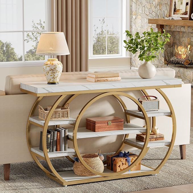 Tribesigns 47" Industrial Entryway Table with Staggered 5-Tier Shelf | Narrow Console Table with Metal Frame, Sofa Table for Living Room Entryway, Hallway, Foyer, White & Gold