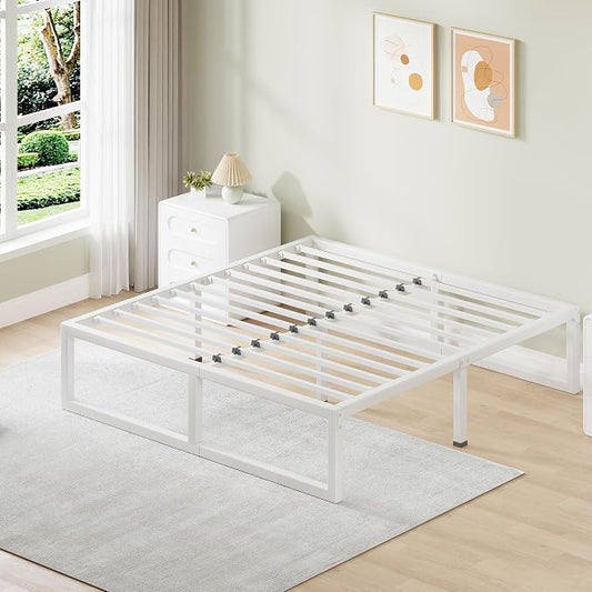 King Size Bed Frame, 14 Inch Metal Platform Bed Frames with Squeak Free U-Slot Design, 6 Non-Slip Guards, 3500lbs Heavy Duty Steel Slat Support, No Box Spring Needed, Under Bed Storage, White